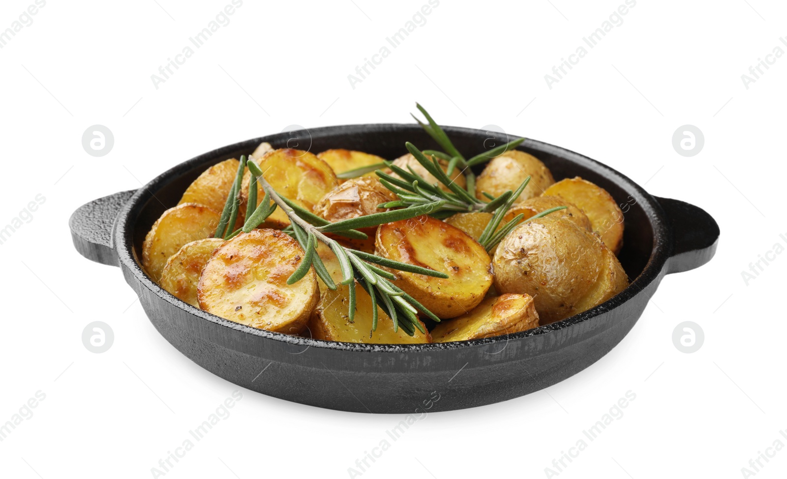 Photo of Delicious baked potatoes with rosemary isolated on white