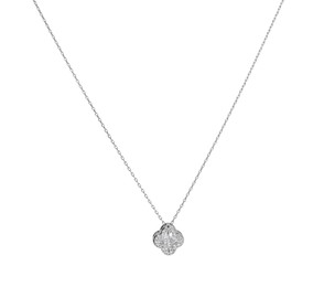 Photo of One metal chain with pendant isolated on white. Luxury jewelry