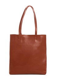 Photo of New leather shopper bag on white background