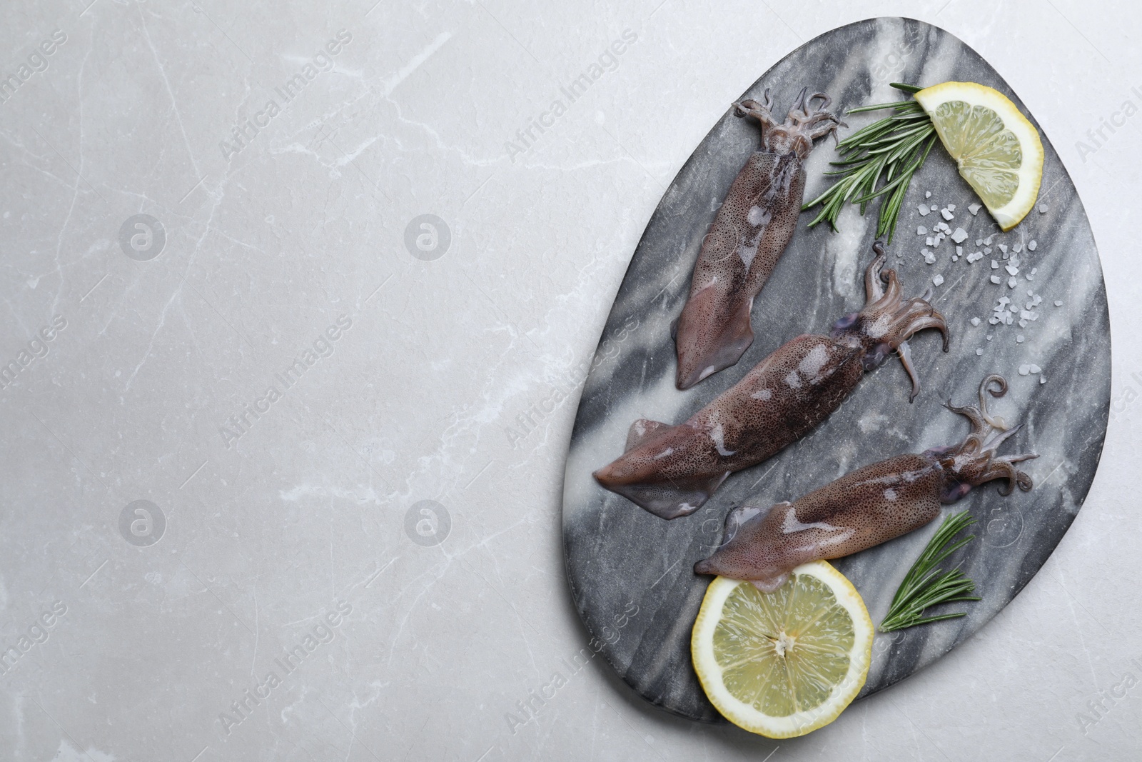 Photo of Fresh raw squids with lemon, rosemary and salt on light grey marble table, top view. Space for text