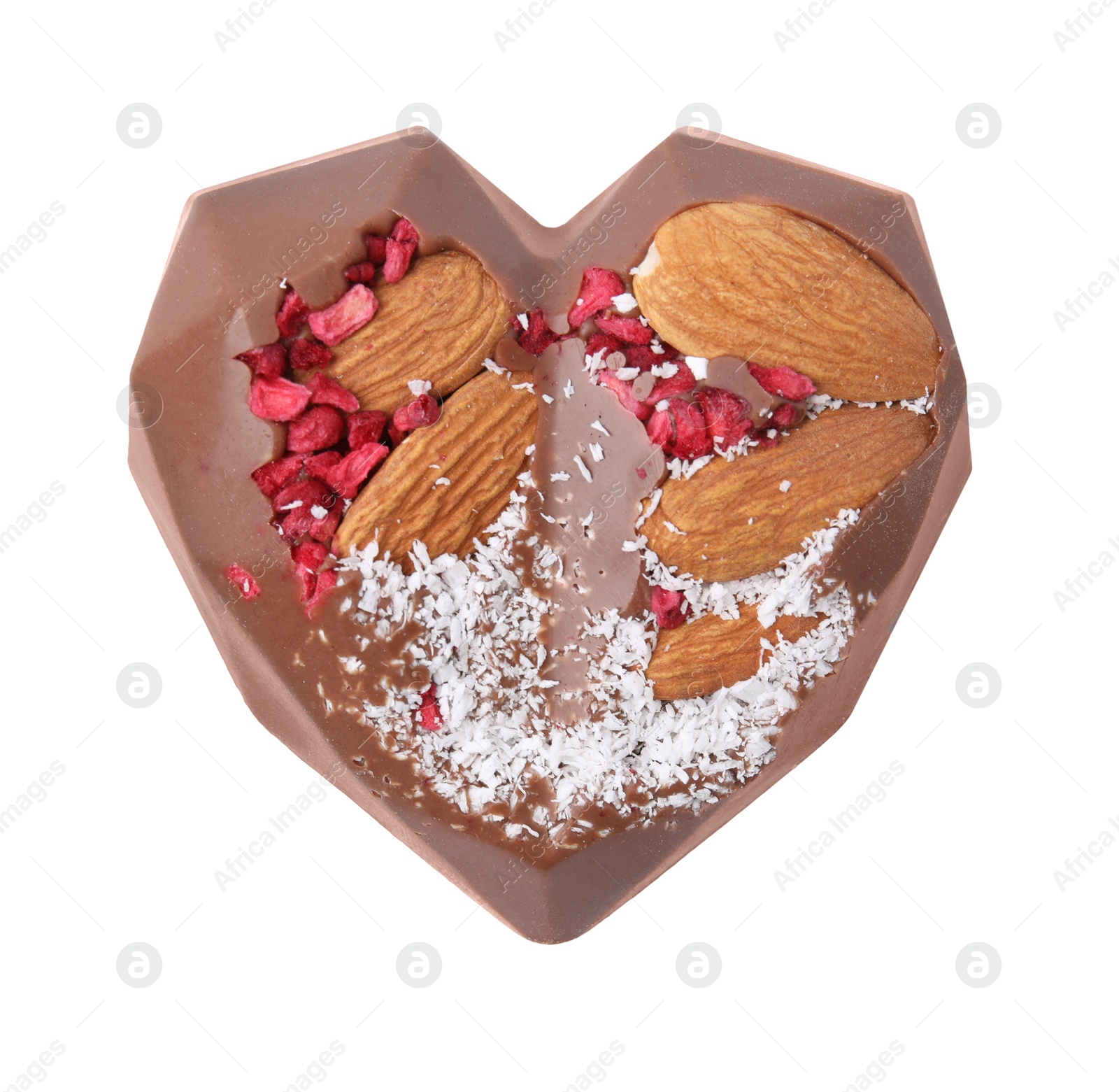 Photo of Tasty chocolate heart shaped candy with nuts on white background, top view