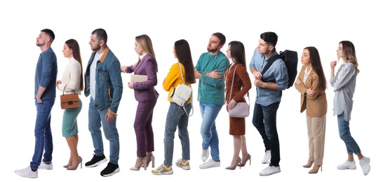Image of People waiting in queue on white background. Banner design