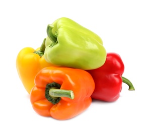 Photo of Fresh ripe bell peppers on white background