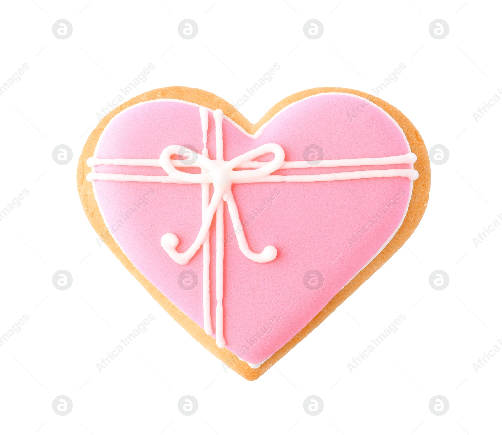 Photo of Decorated heart shaped cookie on white background, top view