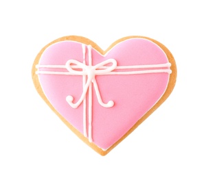 Photo of Decorated heart shaped cookie on white background, top view