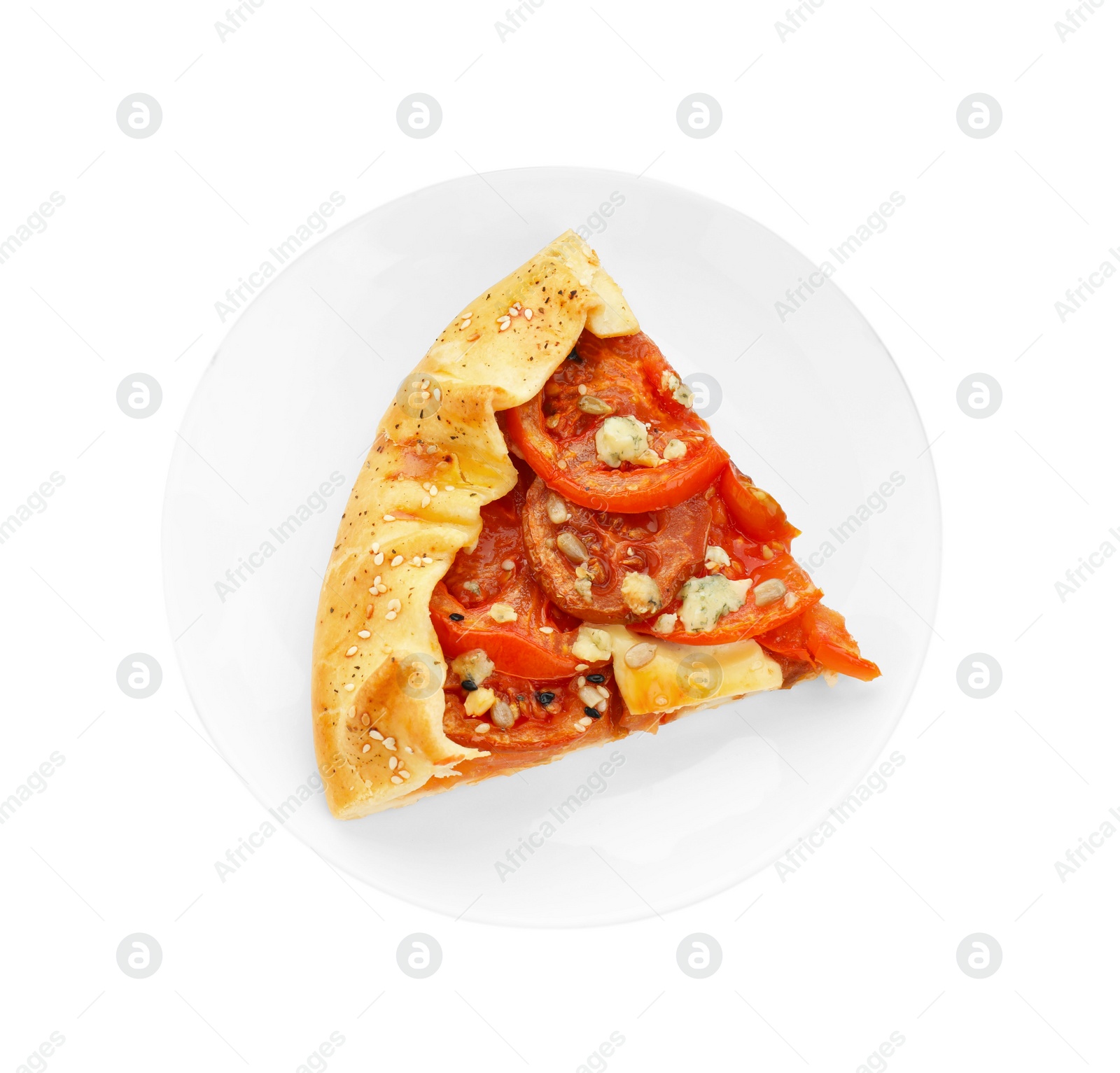 Photo of Piece of tasty galette with tomato and cheese (Caprese galette) isolated on white, top view