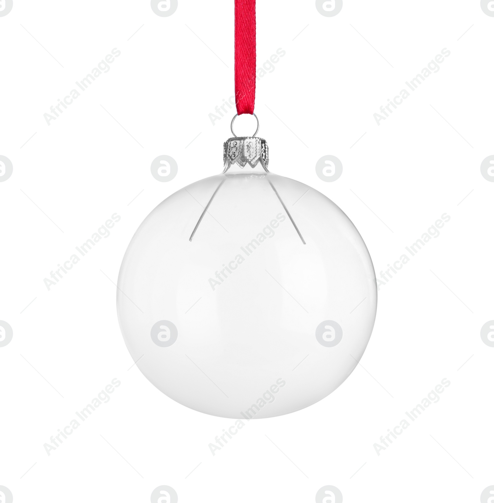 Photo of Transparent glass Christmas ball with red ribbon isolated on white