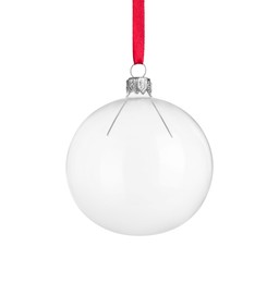 Photo of Transparent glass Christmas ball with red ribbon isolated on white