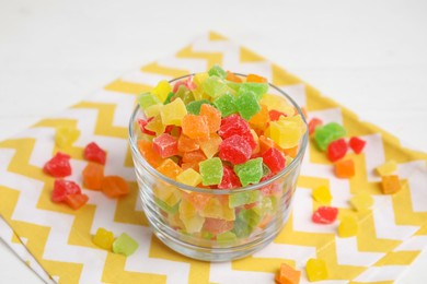 Mix of delicious candied fruits on table