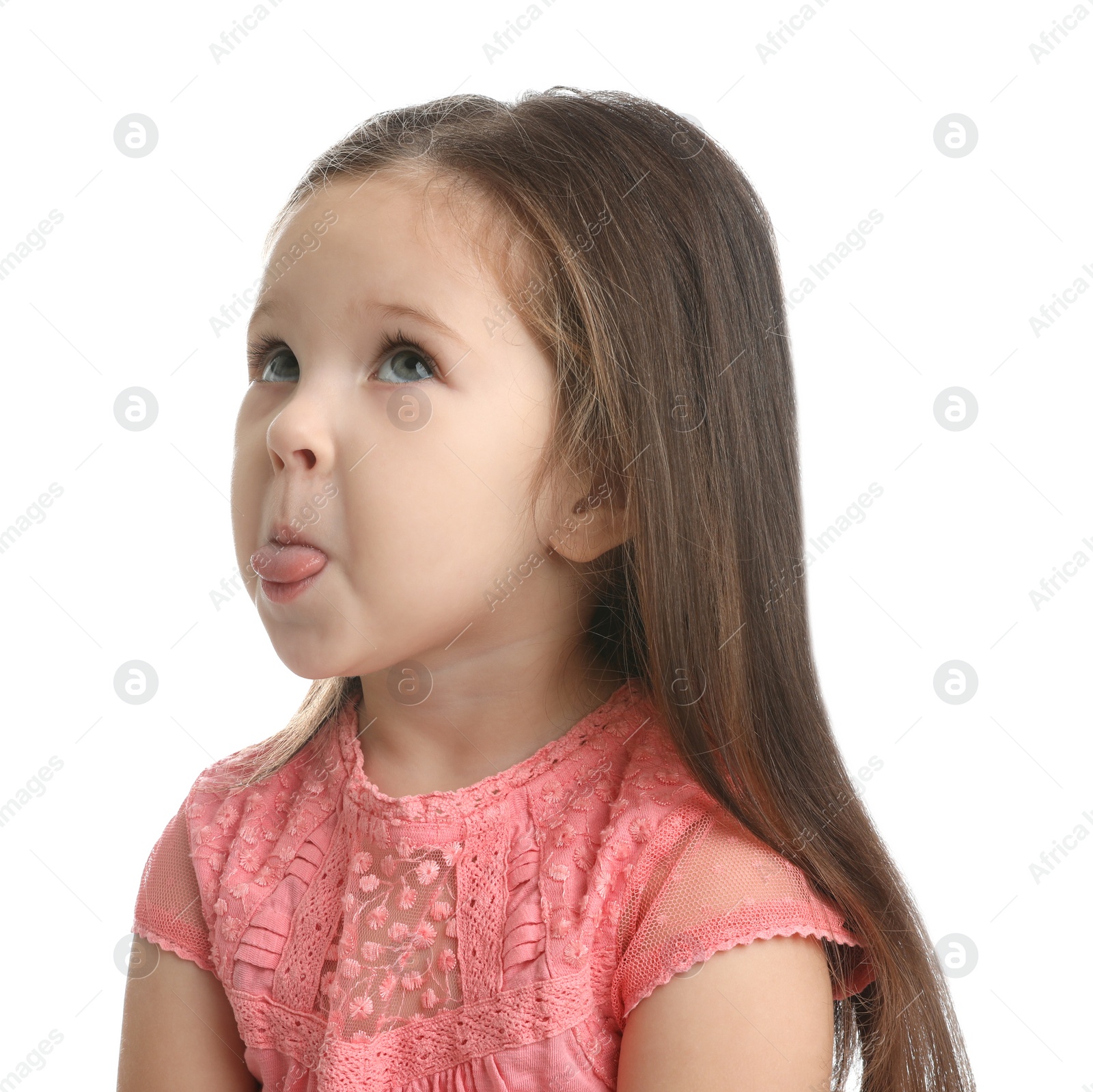 Photo of Portrait of cute little girl on white background