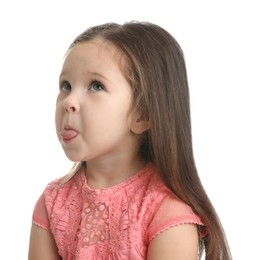 Photo of Portrait of cute little girl on white background