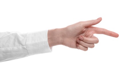 Photo of Woman pointing with index finger on white background, closeup