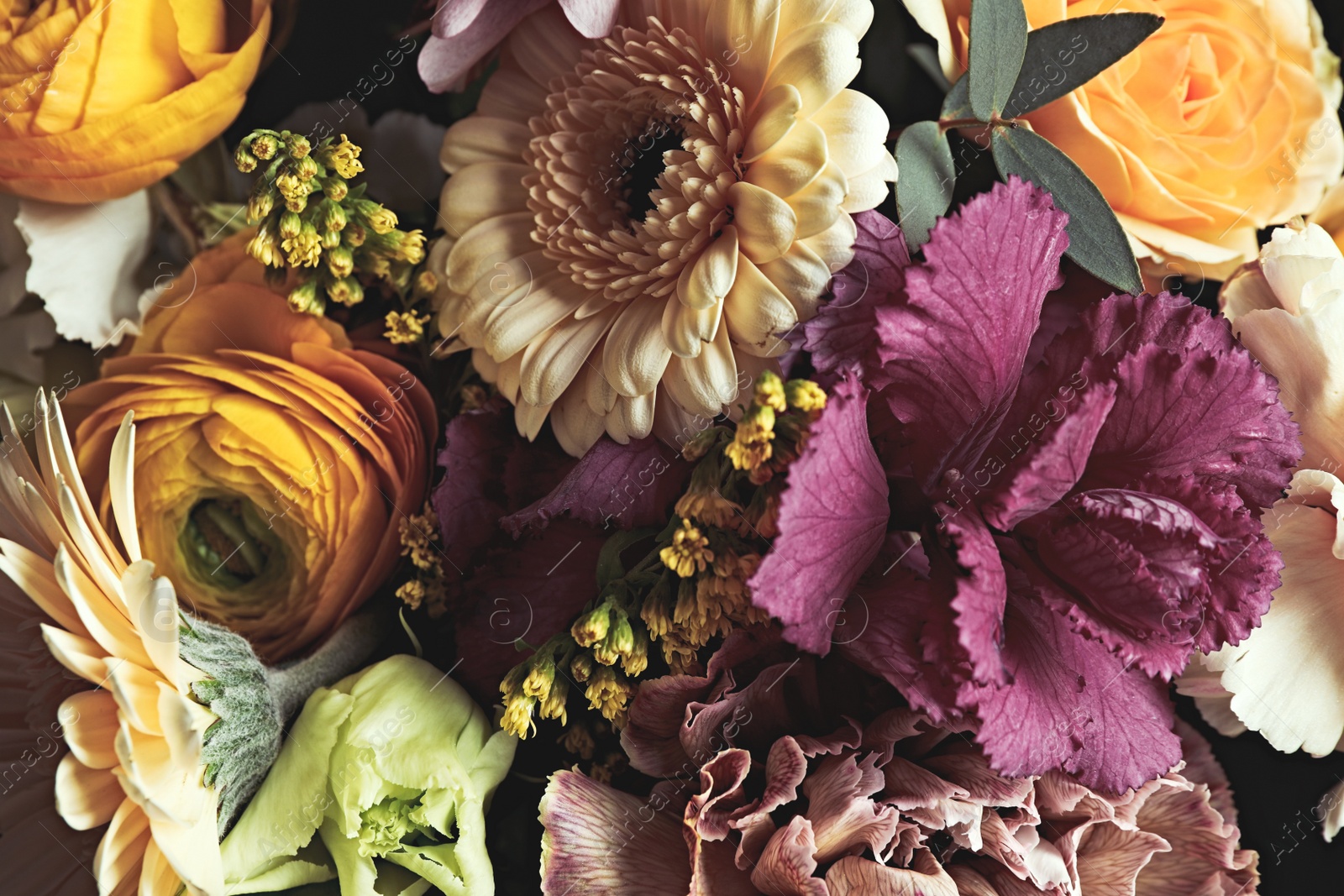 Photo of Beautiful fresh bouquet as background, closeup. Floral decor