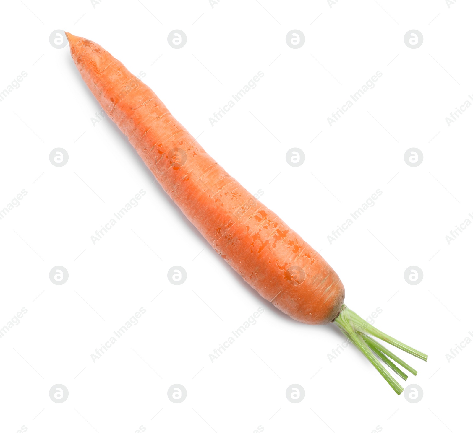 Photo of Tasty ripe carrot isolated on white, top view