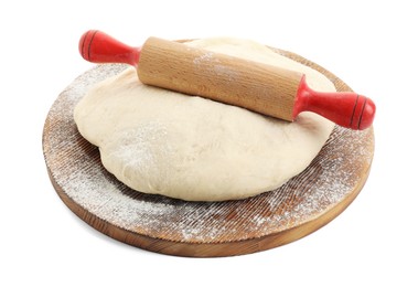 Photo of Raw dough and rolling pin isolated on white