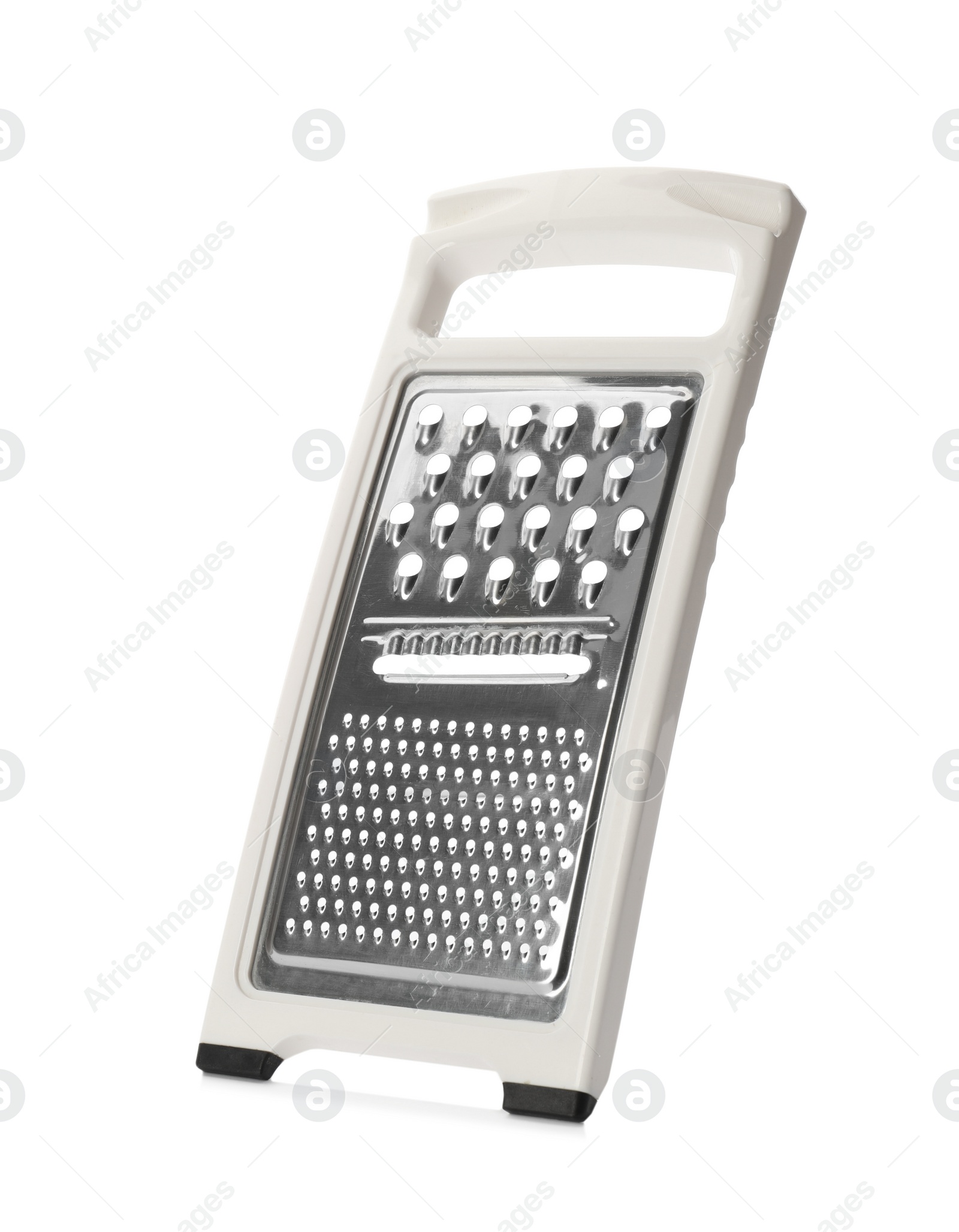 Photo of Stainless steel grater on white background. Kitchen utensil