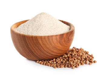 Image of Buckwheat flour in wooden bowl and seeds on white background