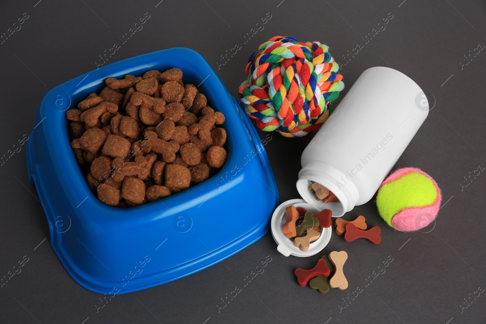 Photo of Bottle with vitamins, toys and dry pet food in bowl on grey background, above view