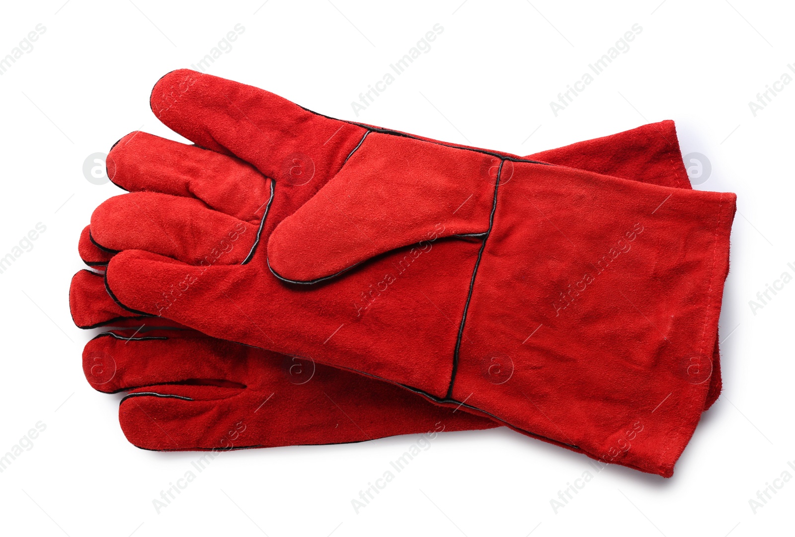 Photo of Protective gloves on white background. Safety equipment