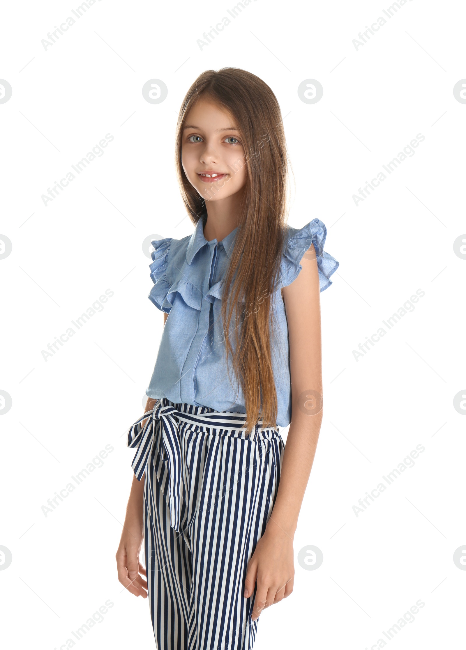 Photo of Portrait of cute little girl on white background