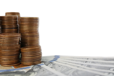 Photo of Dollar bills and coins on white background