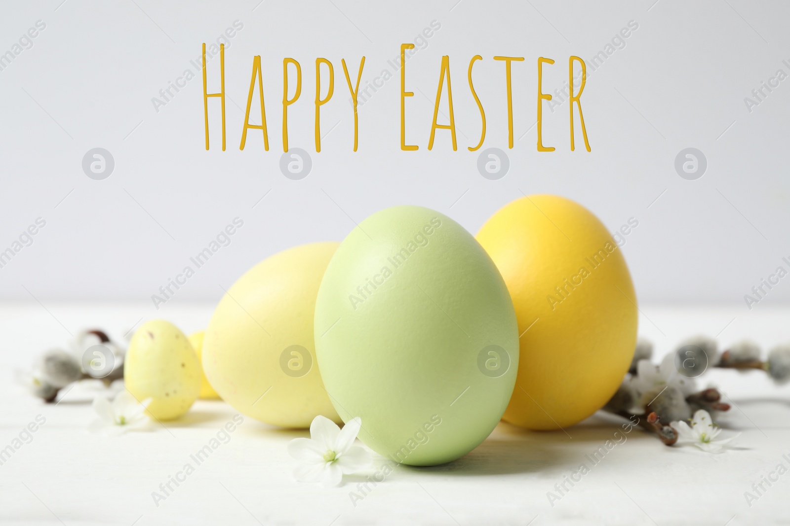 Image of Colorful eggs and text Happy Easter on light background