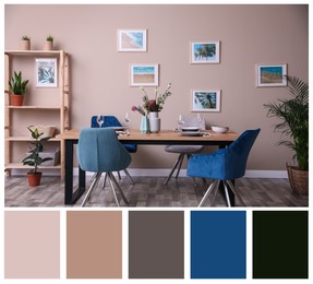 Image of Stylish dining room with furniture. Color palette matching to this interior design