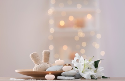 Beautiful spa composition on table in wellness center