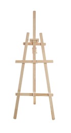 Photo of Empty wooden easel isolated on white. Equipment for art