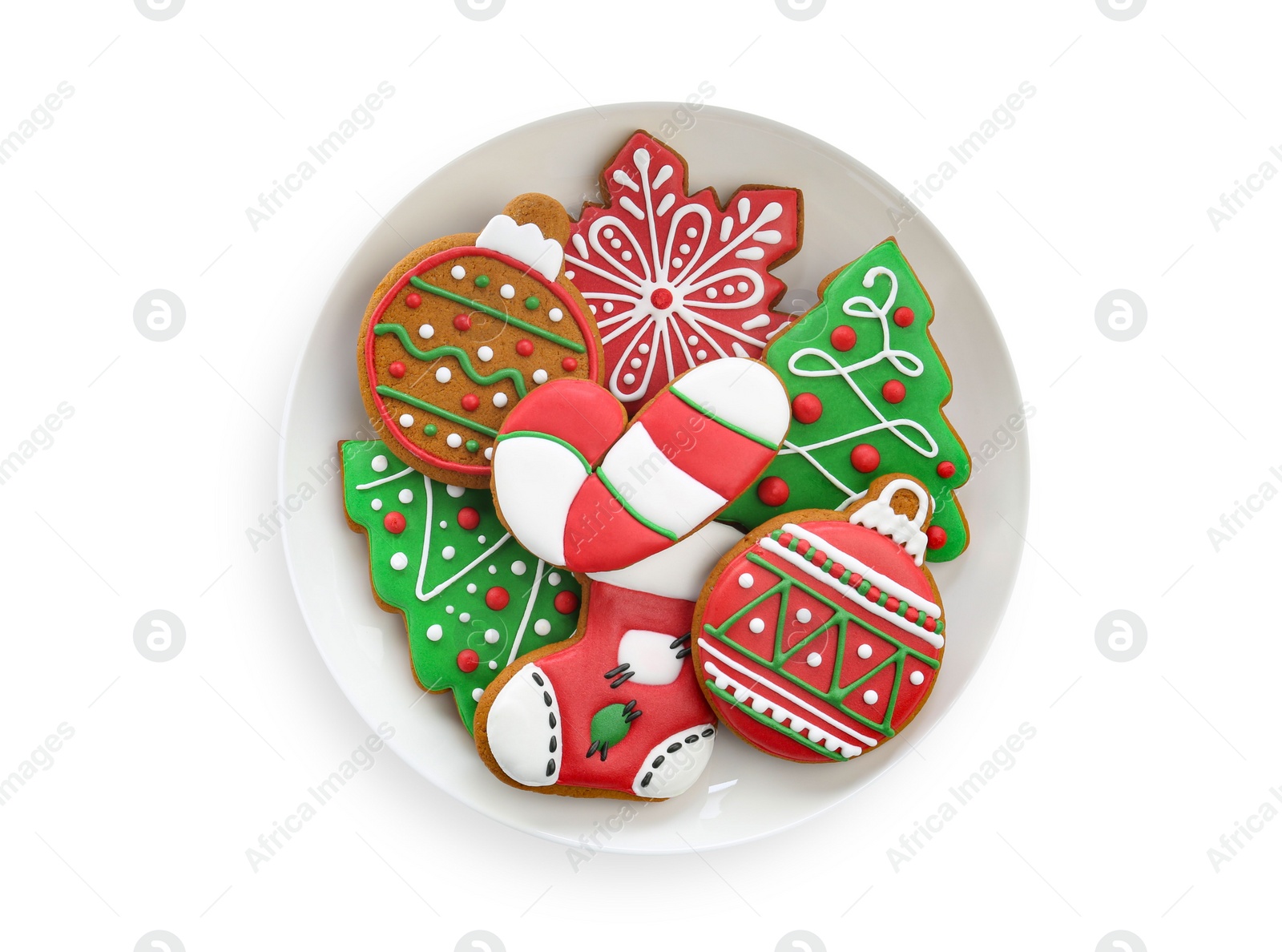 Photo of Different tasty Christmas cookies isolated on white, top view