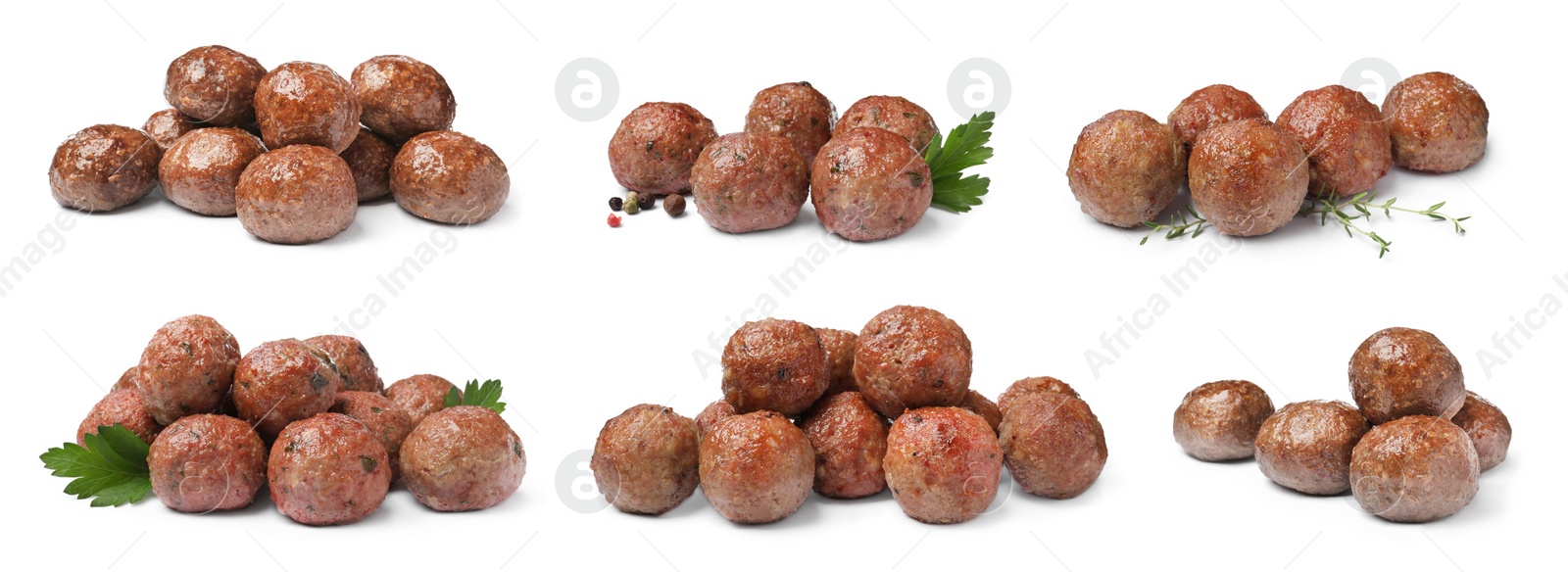 Image of Set with tasty cooked meatballs on white background. Banner design