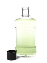 Photo of Bottle with mouthwash for teeth care on white background