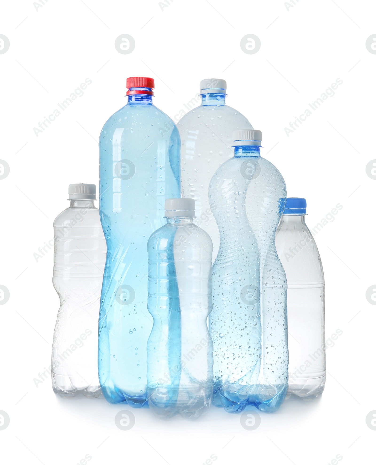 Photo of Plastic bottles on white background. Recycle concept