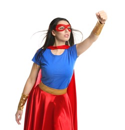 Photo of Confident young woman wearing superhero costume on white background