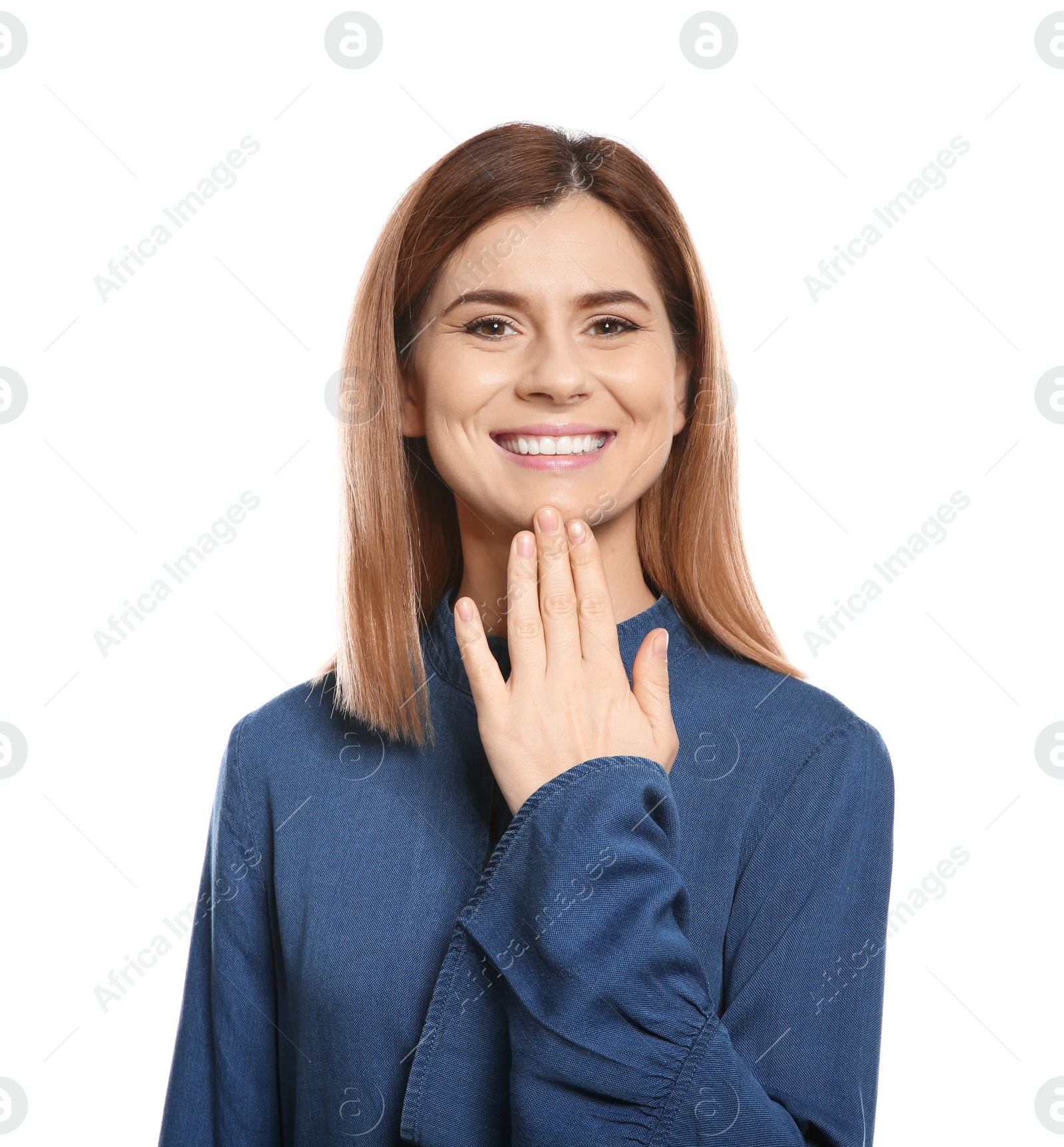Photo of Woman showing THANK YOU gesture in sign language on white background
