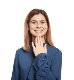 Woman showing THANK YOU gesture in sign language on white background