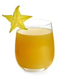 Delicious carambola juice in glass on white background