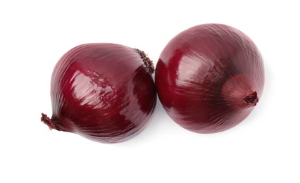 Two fresh red onions on white background, top view