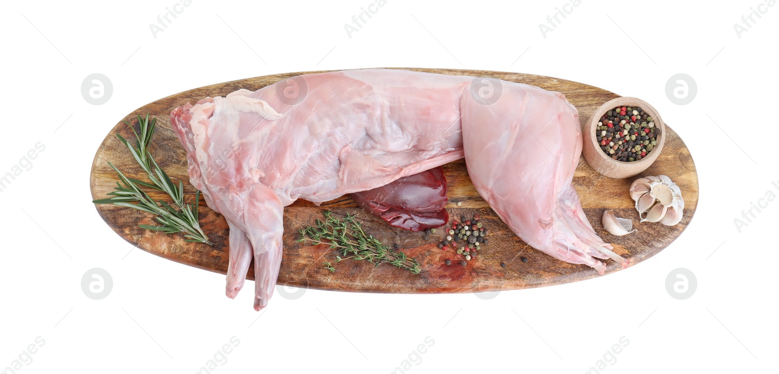 Photo of Whole raw rabbit, liver and spices isolated on white, top view