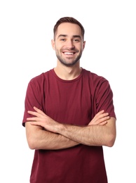 Portrait of handsome man posing on white background