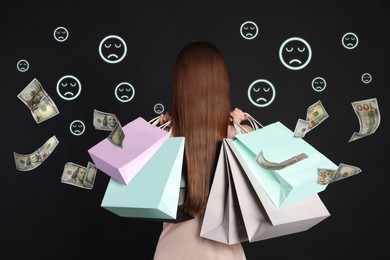 Image of Woman with shopping bags on black background, back view. Sad emoji illustrations and falling dollar banknotes symbolizing buyer's remorse
