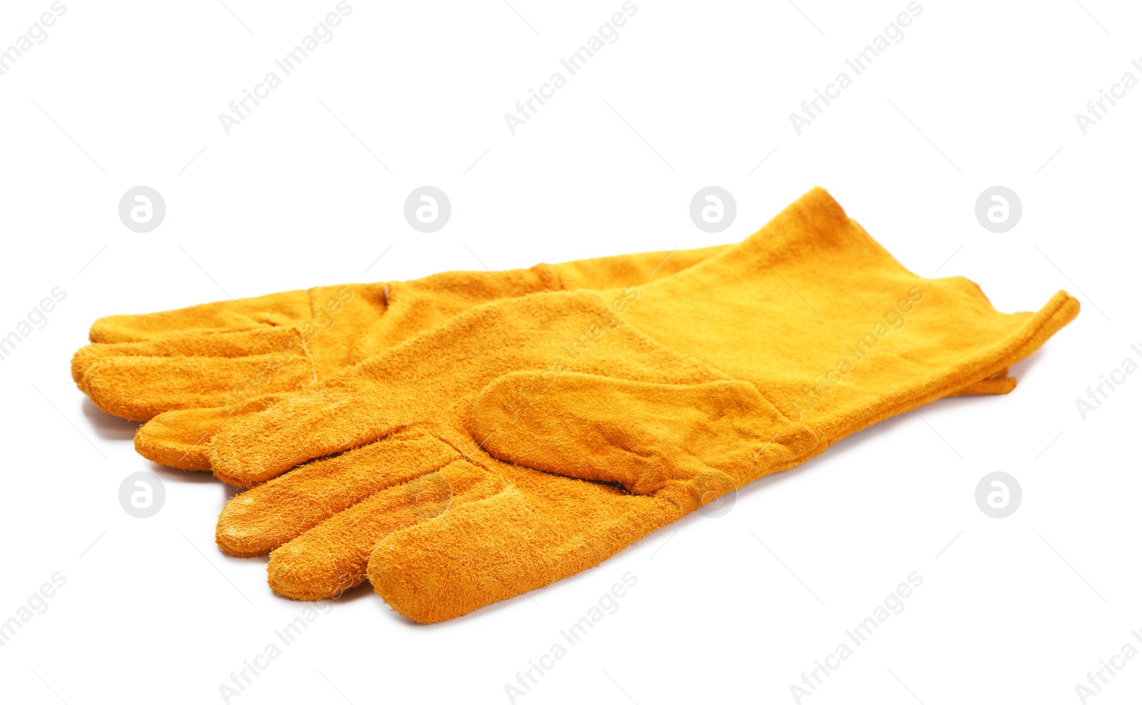 Photo of Modern protective gloves isolated on white. Construction tools