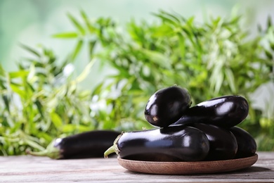 Photo of Plate with ripe eggplants on table against blurred background