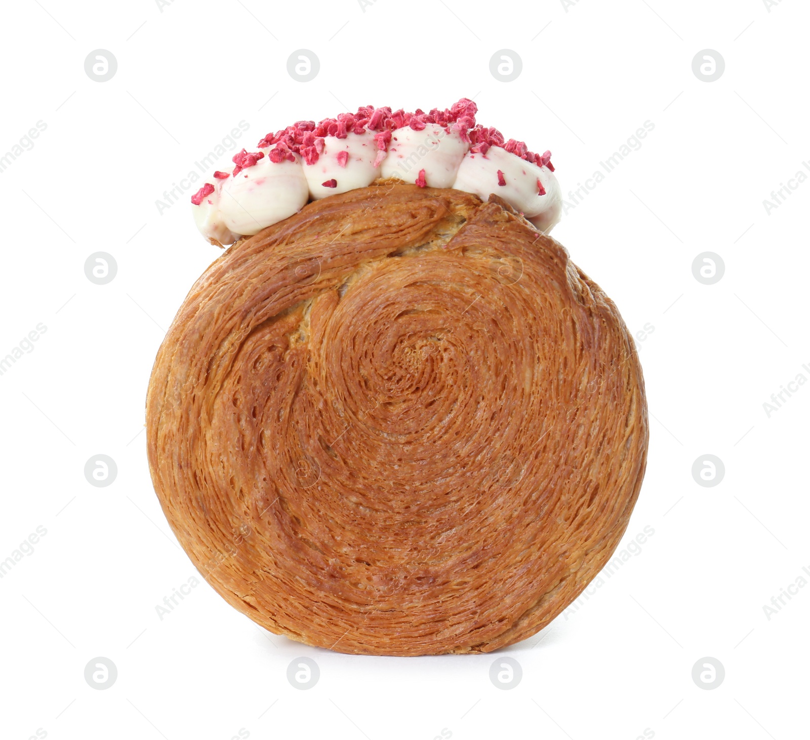 Photo of Round croissant with cream isolated on white. Tasty puff pastry