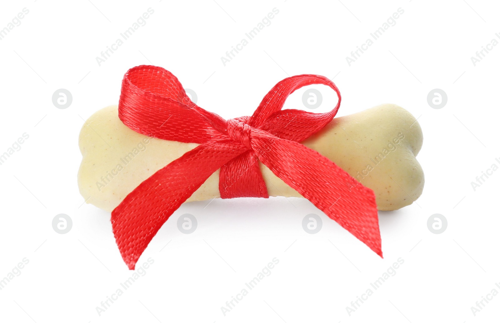 Photo of Bone shaped dog cookie with red bow isolated on white