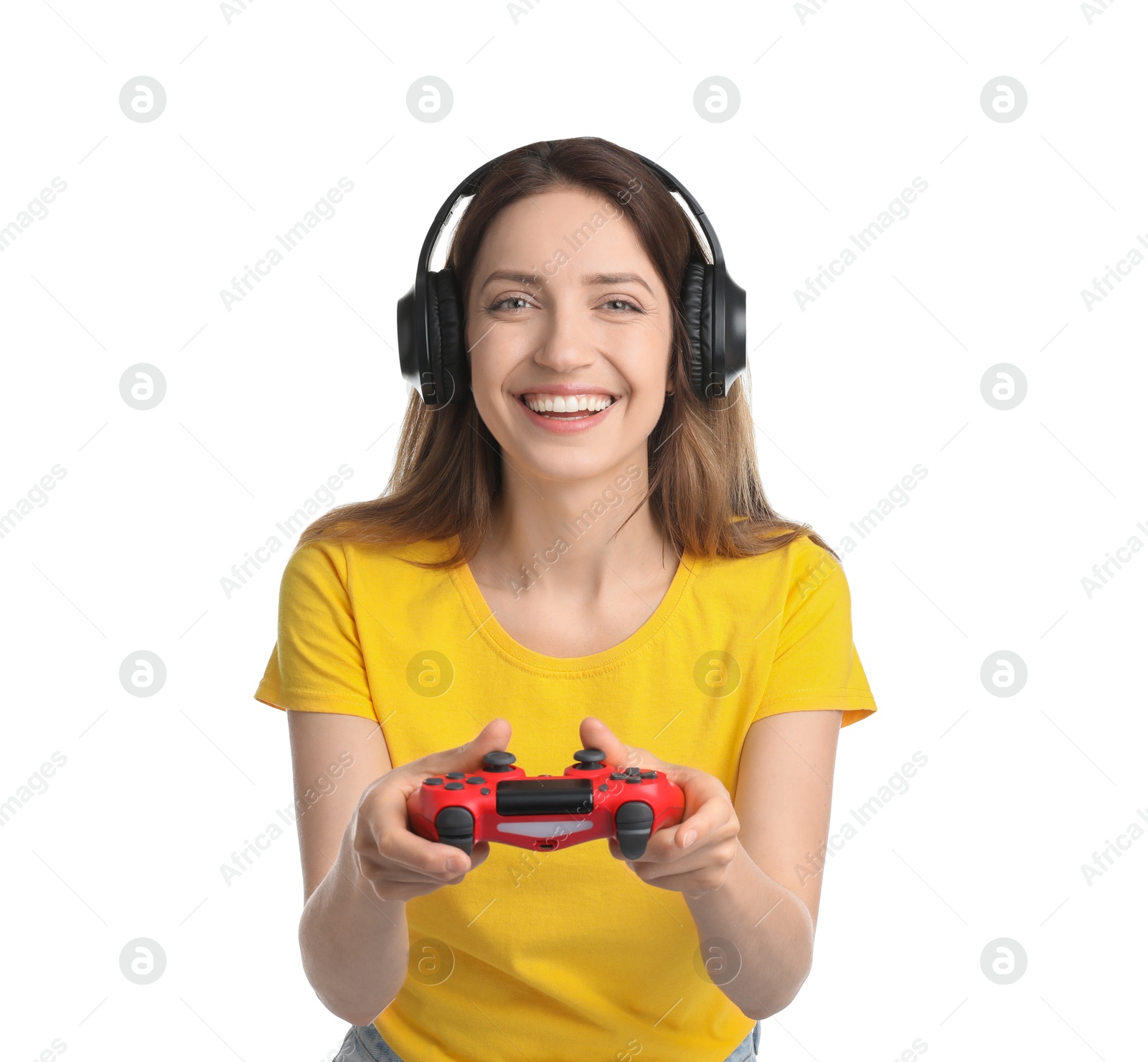 Photo of Happy woman in headphones playing video game with controller on white background