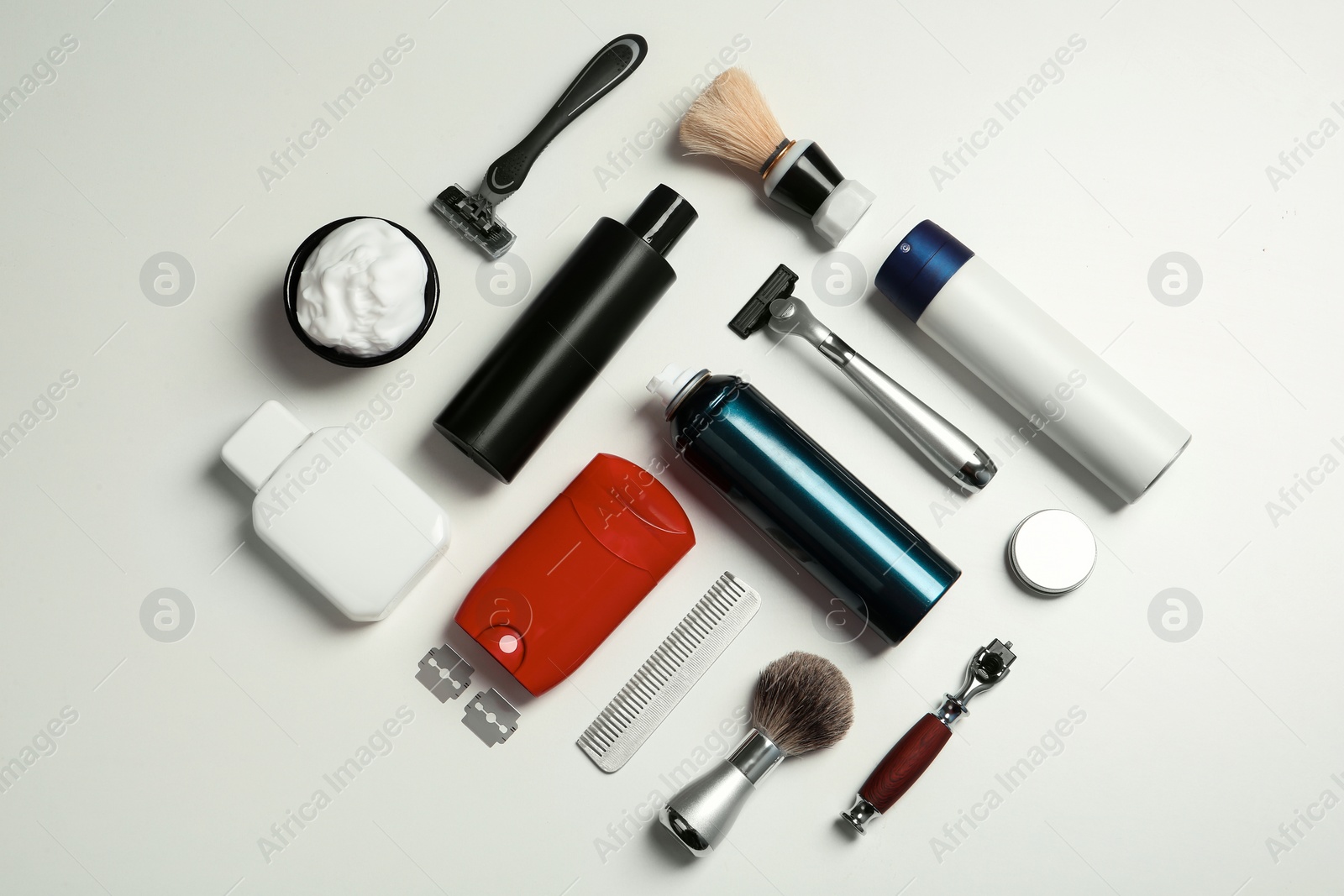 Photo of Flat lay composition with shaving accessories for men on white background