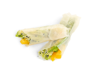 Delicious rolls wrapped in rice paper isolated on white, top view