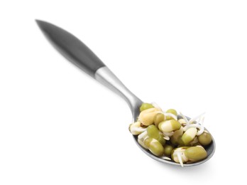 Photo of Spoon with fresh sprouted mung beans isolated on white