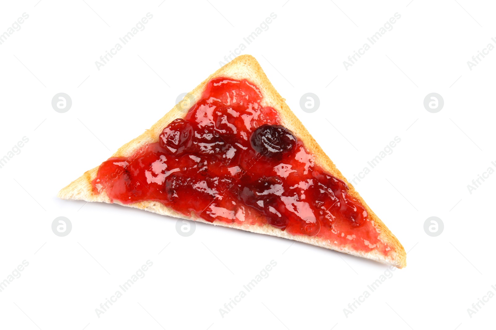 Photo of Slice of bread with jam on white background, top view